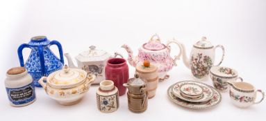 A mixed group of ceramics, primarily tea wares, but with some mustard pots, preserve jars and vases,