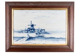 A pair of Royal Bonn Delft rectangular plaques each painted in blue with landscapes, 35 x 57,