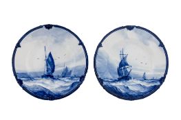 Six Royal Crown Derby porcelain maritime subject plates painted in blue in the manner of W.E.J.