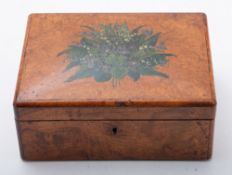 An early 20th century walnut sewing box with hand painted floral decoration to top, 21x16cm.