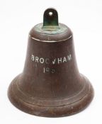 A 12 inch ship's bell 'Broomham' 1962, arched suspension over body with incised text, iron clapper ,