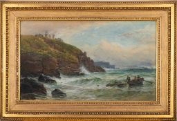George Henry Jenkins (British, 1843-1914) - Rowing boat in rough seas by wreckage,