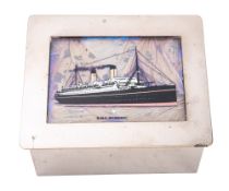 An early 20th century silver plated cigarette box inset reverse glass painting of RMS 'Homeric'