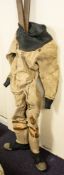 Two Siebe Gorman diving suits, with black rubber collar , cuffs and moulded boots,