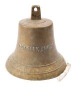 A 12 inch ship's bell 'Norfolk Shore', arched suspension over body with incised text,