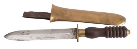 A Siebe Gorman & Co Non magnetic diver's knife, the flat blade with single edge and serrated back,