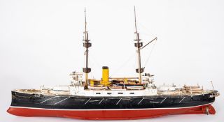 A scale model of a Royal-Soverign class battleship, with detailed decks,