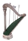 An Edwardian Royal Northern Ireland Yacht Club silver presentation harp hat pin holder,