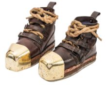 A pair of Siebe Gorman diver's boots brown leather uppers with brass toe caps,