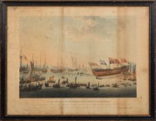 An early 19th century coloured engraving of the Launch of the Hibernia, published by W Grey,