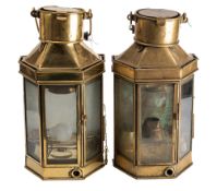 A WWII period matched pair of Bulpit pattern brass bulkhead lamps,