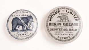 A Victorian Prattware ' Fawcett & Son Genuine Russian Bears Grease' potlid, blue printed decoration,