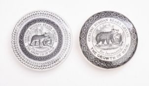 Two 19th century Pratware 'Genuine Russian Bears Grease' potlids, with black printed decoration,