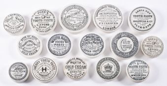 A group of fifteen various potlids for Cold Creams, Toothpaste and Tooth Powder' etc,