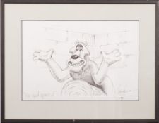Nick Park 'We need space!'. pen and ink sketch from the 'Creature Comforts' series,