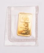 A five gram fine gold bar. With a rose engraved to the front and .999 mark to the reverse.