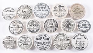 A group of fifteen various potlids for 'Cherry Toothpaste', 'Cold Cream' etc,