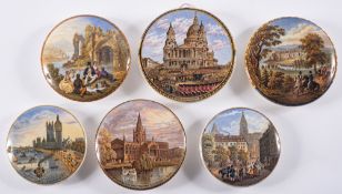 A group of six Prattware potlids, including 'Strathfieldsaye the Seat of The Duke of Wellington,