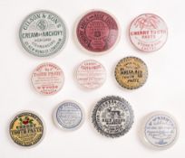 A group of ten various potlids, including 'Dr Wright's Celebrated Pearl Ointment',