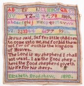A Victorian needlework sampler worked by Miss Elizabeth Bradshaw.