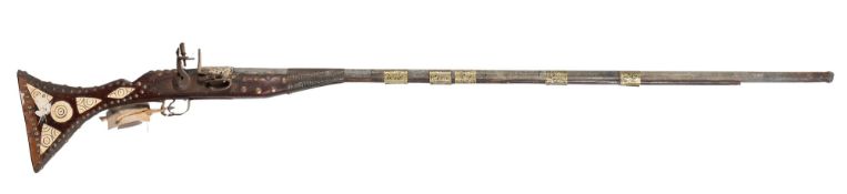 A reproduction bone inlaid Jezail, 150cm long and a reproduction flintlock rifle,