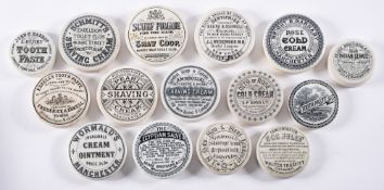 A group of fifteen various potlids for 'Scurf Pomade', Cold Creams,