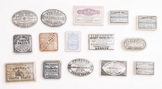 A group of fifteen various potlids , including 'Boval Cherry Tooth Paste',