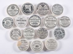 A group of sixteen various pot lids for 'Cherry Toothpaste', 'Areca Nut Toothpaste' etc,