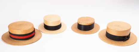 Four 20th Century straw boater hats. All with silk saches and brown leather sweatbands.