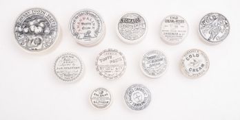 Eleven various potlids and bases, including 'Naples Soap',