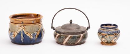 A Royal Doulton stoneware tobacco jar ( lacking cover) a similar silver plate mounted swing handle
