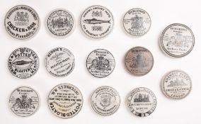 A group of fourteen various potlids for 'Bloater Paste' and 'Anchovy Paste etc,