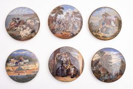 A group of six Prattware potlids, including 'Uncle Toby', 'I see you my boy',