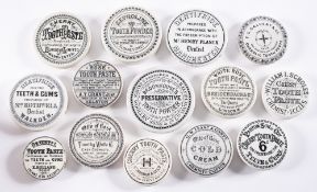 A group of fifteen various potlids for 'Cherry Toothpaste', 'Zepholine Tooth Powder' etc,