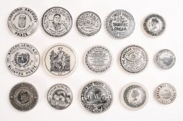 A group of fifteen various potlids , including 'Water's Lewis & Co Bloater Paste',