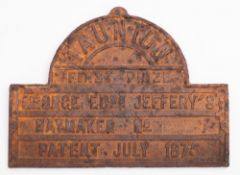 A late 19th century iron builder's plate for 'George Edward Jeffrey's Haymaker. Taunton'. 25.