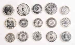 A group of fifteen various potlids , including 'Ye Old Englysshe Cherrye Tooth Paste