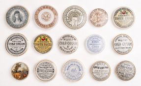 A group of fifteen various potlids , including 'Dr Zimer's Alexanra Tooth Paste',