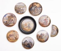 A group of eight Prattware potlids, including 'War', 'Garibaldi',