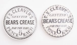 Two 19th century Pratware 'F S Cleaver's genuine Bears Grease' potlids,