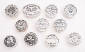 Eleven various potlids and bases, including 'Savage's Celebrated Peruvian Balm',