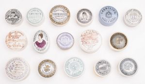 A collection of sixteen various potlids and bases, including 'William's Sweet Violet Shaving Cream',