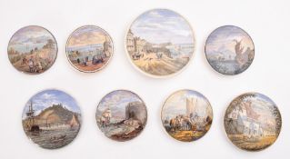 A group of eight Prattware potlids, including 'Harbour Hong Kong', 'The Ning Po River',