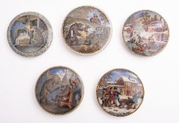 A group of five Prattware potlids, comprising No.1 'Alas Poor Bruin', No.9 'Bears at School',