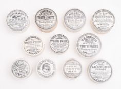 Eleven various potlids and bases, including 'Lethby's Logwood Pomade',
