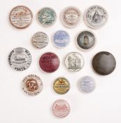 A group of fifteen various potlids, including 'Sandringham Cherry Tooth Paste', E. Rimmel Limited