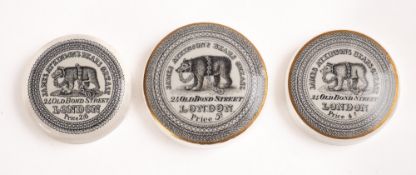 Three Victorian Prattware 'James Atkinson's Bears Grease' potlids, with Old Bond Street address,