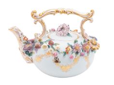 A Coalport flower-encrusted kettle and cover, circa 1830 with overhead rococo handle,