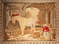A woolwork embroidered picture of figures in a courtyard with horses watering,