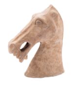 Three pieces of Chinese pottery comprising a horse head in the Han Dynasty manner, 29cm high,